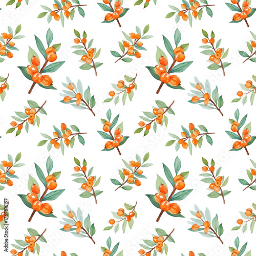 Watercolor seamless pattern with sea buckthorn branches and berries. Autumn theme, warm golden and orange tones, natural vitamin-rich berries, cozy seasonal design, isolated on white background vector
