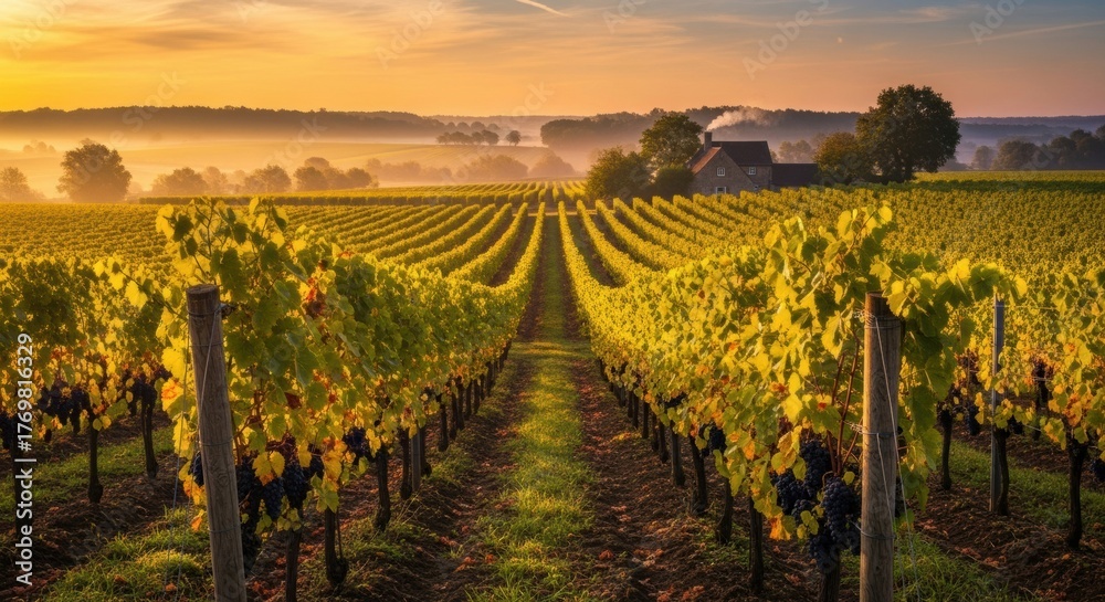 Fototapeta premium Sunset over lush vineyard rows with distant farmhouse and rolling hills