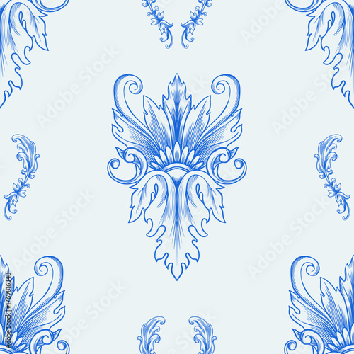 Vintage Baroque or renaissance Seamless pattern hand drawn Victorian set of ornament floral elements engraved retro flower decorative design heraldic swirls.