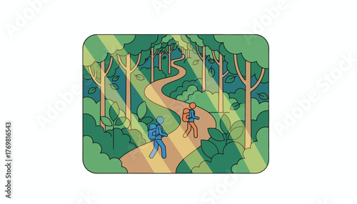 A nature trail meandering through a dense forest with sunlight filtering through the leaves and hikers enjoying the cool shade.