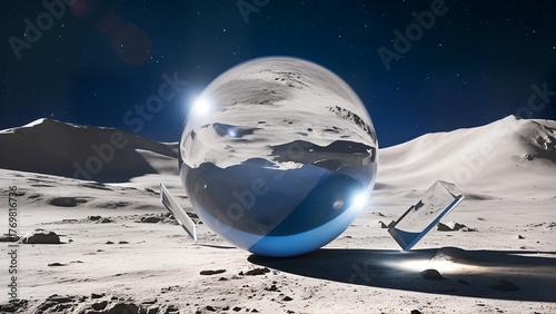 Wallpaper Mural A minimalist composition showcasing a colossal crystal orb resting on a barren, moonscape-like terrain. The orb captures the distant galaxy's swirling colors, reflecting ethereal shadows and shimmerin Torontodigital.ca