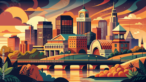 Very beautiful Des Moines vector travel poster in cinematic minimal landscape art style, featuring the city skyline, modern architecture, and riverfront with warm sunset tones capturing Iowa’s urban 