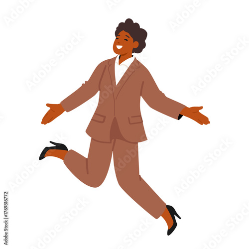 Ambitious businesswoman cartoon character wearing formal suit jumping high isolated on white