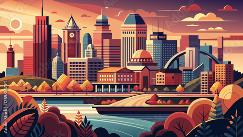 Very beautiful Des Moines vector travel poster in cinematic minimal landscape art style, featuring the city skyline, modern architecture, and riverfront with warm sunset tones capturing Iowa’s urban 