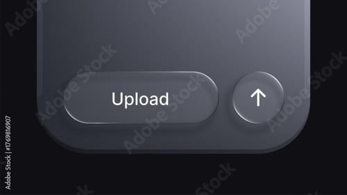 Upload button with arrow for user interface. Liquid glass morphism vector design. Data submission concept for app and web.