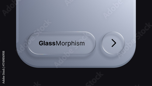 Minimalist liquid glass morphic design element with text GlassMorphism and arrow icon. Modern ui ux background for digital product concept.
