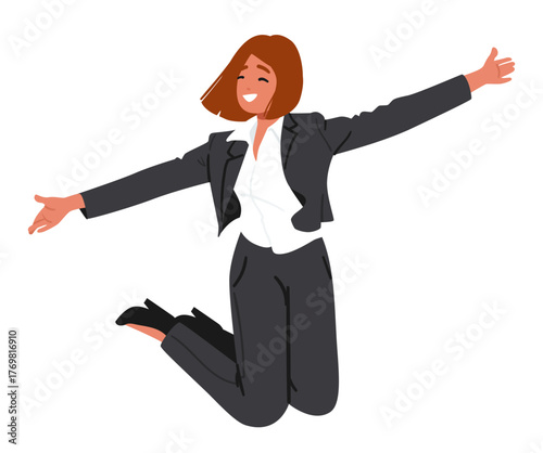 Happy businesswoman jumping high celebrating success, achieving goals and business triumph