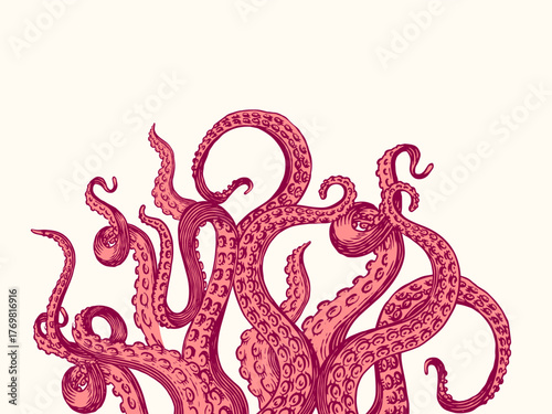 Octopus or Kraken tentacles background. Engraved hand drawn in old sketch, vintage sea monster creature. Nautical or marine. Animal in the ocean. Template for logos, labels and emblems.