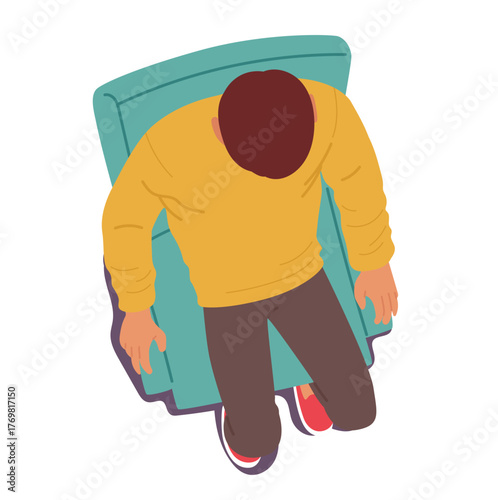 Young man cartoon character finally relaxing on armchair unwinding after hard work day overhead view
