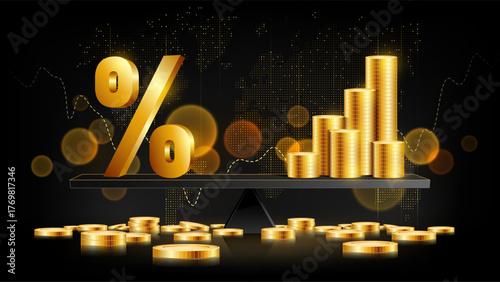 Golden coins and a percentage symbol on a scale illustrate the delicate balance between inflation, financial growth, and economic stability, vector illustration