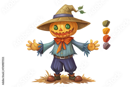Halloween scarecrow with straw hat and pumpkin head isolated on white background representing spooky decoration