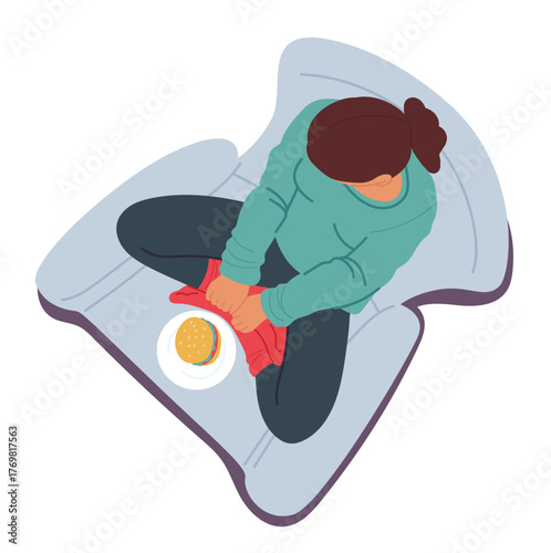 Relaxed young woman isolated cartoon character eating hamburger sitting on armchair overhead view