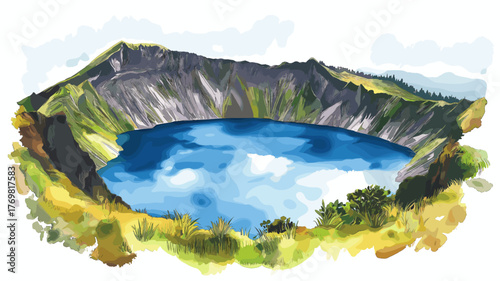 Quilotoa Crater Lake. Quilotoa Crater Lake hand drawn watercolor illustration