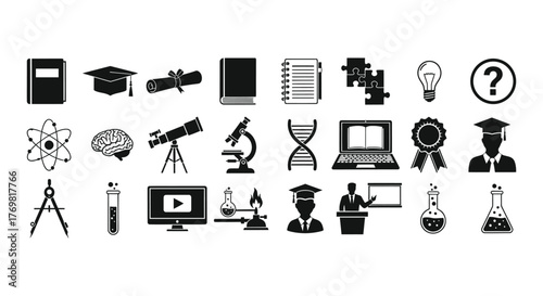 Education and science glyph icon set. Vector pictograms of atom, microscope, test tube, flask, telescope, dna, laptop, checklist, clipboard, black sign silhouette illustration