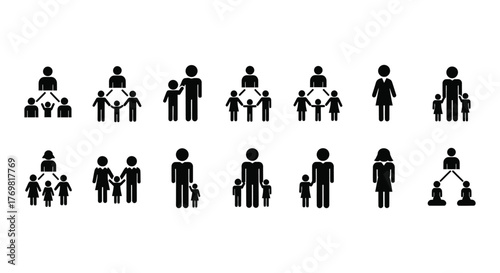 Family, relationship icon set. Vector glyph pictograms of couple, parent, child, elderly people, pregnancy, parenting, community, single mother, social care black silhouette illustration