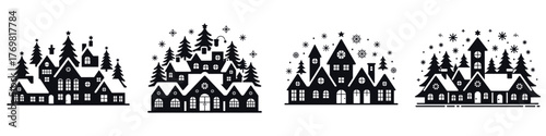 Christmas Winter Village Silhouette Vector Illustration – Festive Snowy Houses, Pine Trees, Stars, and Snowflakes Holiday Scene for Seasonal Decoration and Winter Landscape Design