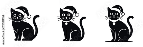 Christmas Cat Silhouette Vector Set – Cute Cats in Santa Hats, Festive Holiday Pet Illustration for Winter Celebration, Adorable Christmas Animal Art, and Seasonal Decoration Design