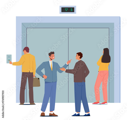 People at elevator lobby patiently waiting for turn and communicating with each other cartoon scene