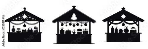 Christmas Market Stalls Silhouette Vector Illustration – Festive Holiday Fair Booths with Decorations, Gifts, Ornaments, and Winter Celebration Elements in Black and White