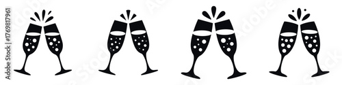 Christmas Champagne Glasses Silhouette Vector Set – Festive Toast and Celebration Illustration, Clinking Glasses with Bubbles for Holiday Party, New Year, and Winter Celebration Design