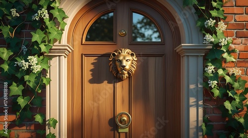 A professional photo of a classic wooden front door with an arched top and a polished brass knocker in the shape of a lion's head, surrounded by worn brick walls covered in lush green ivy vines.