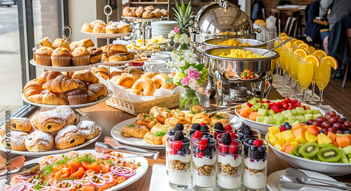 Ultra-realistic brunch buffet with pastries, bagels, smoked salmon, scrambled eggs, yogurt, granola, fresh fruits, and mimosas, displayed in a bright daylight café with cozy and elegant ambiance.