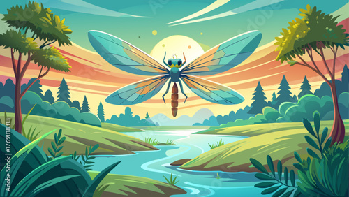 Vector of a dragonfly hovering above calm pond water, sunlight reflection, detailed wings, natural aquatic background, realistic summer atmosphere
