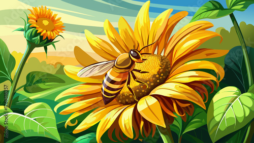 Realistic vector of a honey bee collecting nectar from yellow sunflower, bright daylight, natural background, detailed wings and body texture, soft sunlight reflections, peaceful summer atmosphere