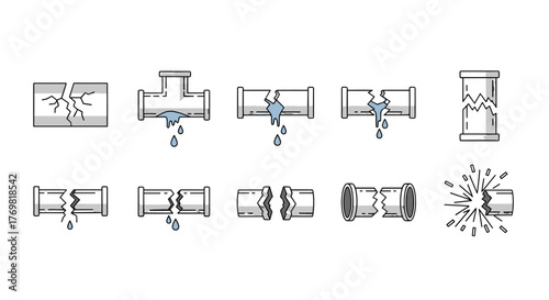 Set of linear symbols representing broken pipes, illustrating leaks and ruptures. This collection includes various pipe damage scenarios, from cracks to complete breaks, with water dripping and