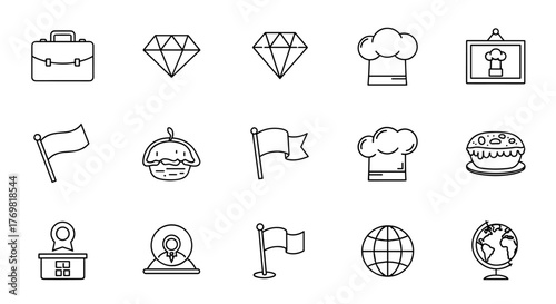 Collection of simple, isolated line icons representing business, diamonds, food, flags, and globes, perfect for web, books, cards, and apps, featuring editable strokes and a cartoon style for