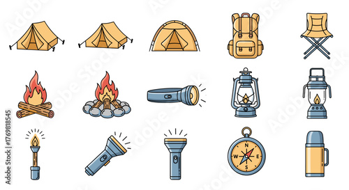 A vibrant collection of camping-related line icons, featuring tents, campfires, flashlights, lanterns, a backpack, a folding chair, a compass, and a thermos, all rendered in a clean, modern outline