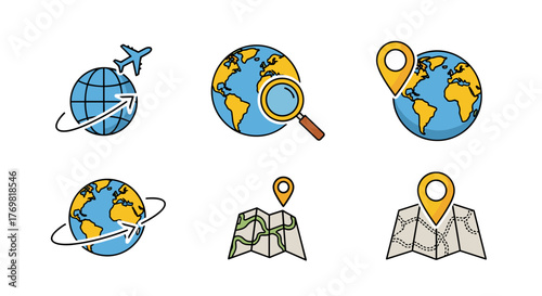 Set of six flat design icons representing travel and navigation, including a globe with an airplane and arrow, a globe with a magnifying glass, a globe with a map pin, a globe with a circular arrow