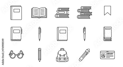 Collection of outline icons representing books, bookmarks, diaries, pens, pencils, glasses, and a library card, perfect for graphic design, web development, app interfaces, and educational materials