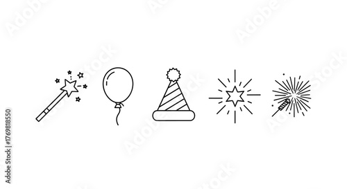 A simple linear illustration set featuring celebration icons: a magic wand with stars, a floating balloon, a festive holiday hat, a sparkling starburst, and fireworks, perfect for designing cards and