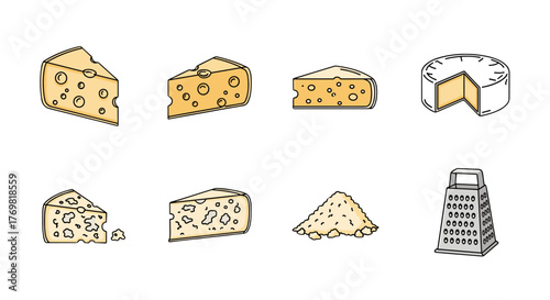 Set of eight flat design cheese icons and illustrations, including wedges of Swiss cheese, brie, and grated cheese, along with a cheese grater, perfect for web, books, cards, and apps, presented on a