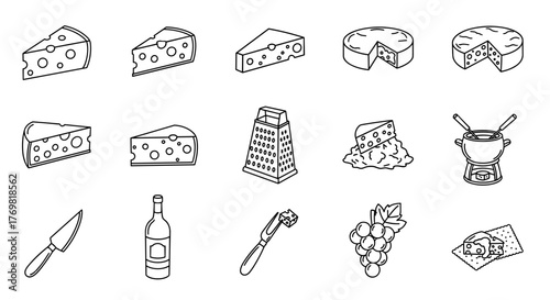 Set of 15 outline icons representing various types of cheese, cheese grater, cheese knife, wine bottle, grapes, crackers, and fondue pot, perfect for graphic and web design, apps, adverts, and