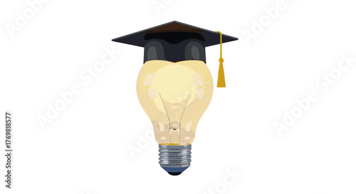 Illuminated light bulb wearing a graduation cap, symbolizing knowledge, education, innovation, and bright ideas, isolated on a black background, perfect for academic or creative concepts.