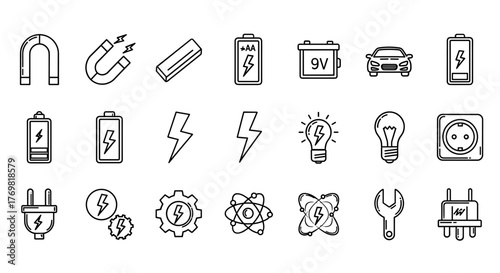 Collection of Magnet, Battery, and Lightning Related Line Icons, Outline Signs for Graphic and Web Design, Apps, Advertisements, Various Cards, Vector Cartoon Illustration. A set of simple, clean