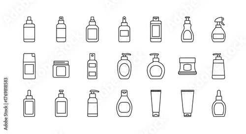 Collection of thin line icons representing various cosmetic bottles and containers, perfect for web, books, cards, and apps, presented as a vector cartoon illustration on a white background, editable