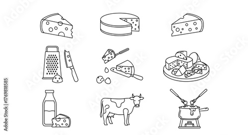 A collection of minimalistic linear outline icons representing various cheese-related elements, including different cheese types, a cow, milk, a grater, a knife, and fondue, perfect for web and