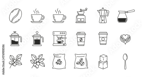 Collection of coffee-related line icons, including a coffee bean, steaming cups, French press, espresso machine, moka pot, cezve, takeaway cups, latte art, coffee cherries, bags of beans, sugar
