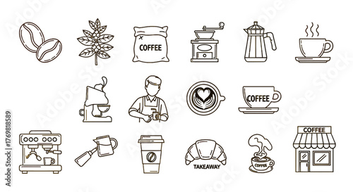 A comprehensive collection of 15 line art icons representing various aspects of coffee culture, including beans, a coffee plant, a bag of coffee, grinders, espresso machines, a barista, latte art