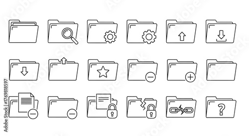 Computer Folder Line Icon Pack: A comprehensive collection of outline signs for graphic and web design, apps, adverts, and various cards, featuring a vector cartoon illustration with a white