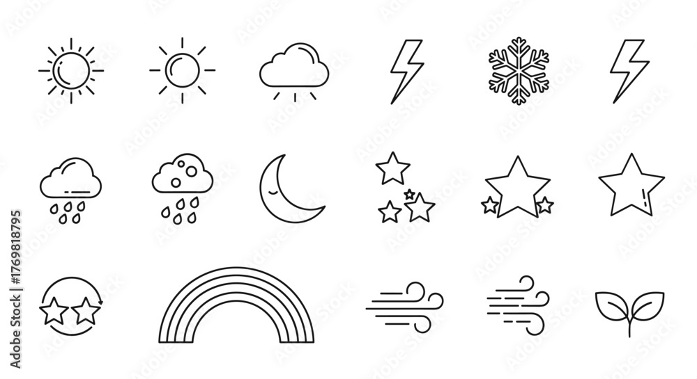 Fototapeta premium Collection of thin line icons representing various weather phenomena and natural elements, including sun, clouds with rain, lightning, snowflake, moon, stars, rainbow, wind, and a sprouting plant