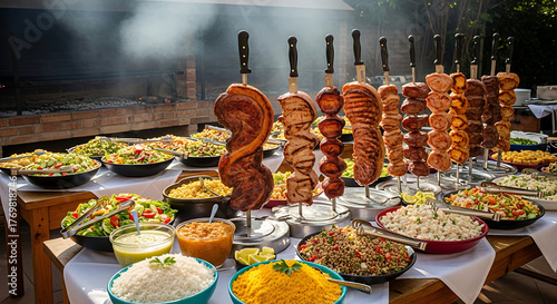 Ultra-realistic Brazilian churrasco buffet with grilled meat skewers, salads, rice, vinaigrette, and farofa on rustic wooden tables, outdoor barbecue setup with smoke and warm natural lighting.