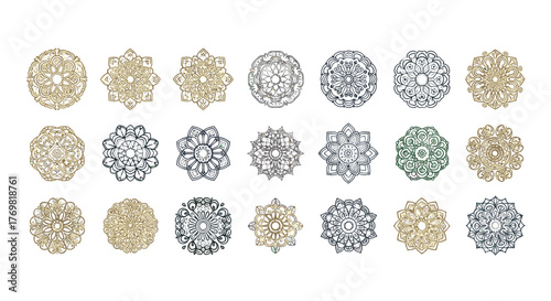 Collection of 21 intricate and luxurious mandala designs in vector format, featuring detailed patterns and symmetrical floral motifs in gold, silver, and green hues, perfect for graphic resources and