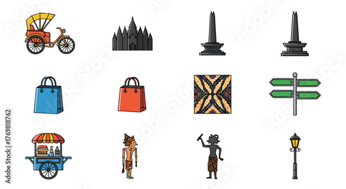 Vibrant vector cartoon illustration set featuring iconic Malioboro street elements from Yogyakarta, including a traditional becak, historical monuments, shopping bags, batik patterns, wayang figures