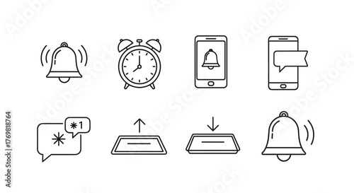 Collection of notification icons and symbols, including a ringing bell, an alarm clock, a smartphone displaying a notification, a chat bubble with a message count, and arrows indicating up and down