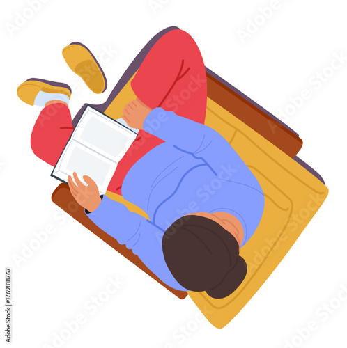 Woman character reading book enjoying hobby activity sitting on armchair at home overhead view