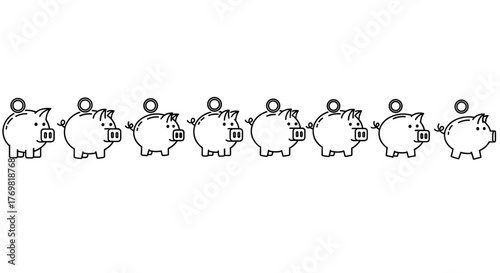 A collection of seven outline piggy bank illustrations, each with a coin slot and a coin being inserted, presented in a linear arrangement. This editable stroke vector cartoon illustration is perfect